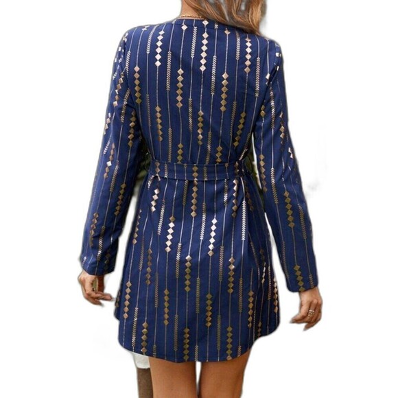 Women's Navy Blue Gold V-Neck Striped Party/Cocktail Dresses Size Medium - Picture 5 of 5